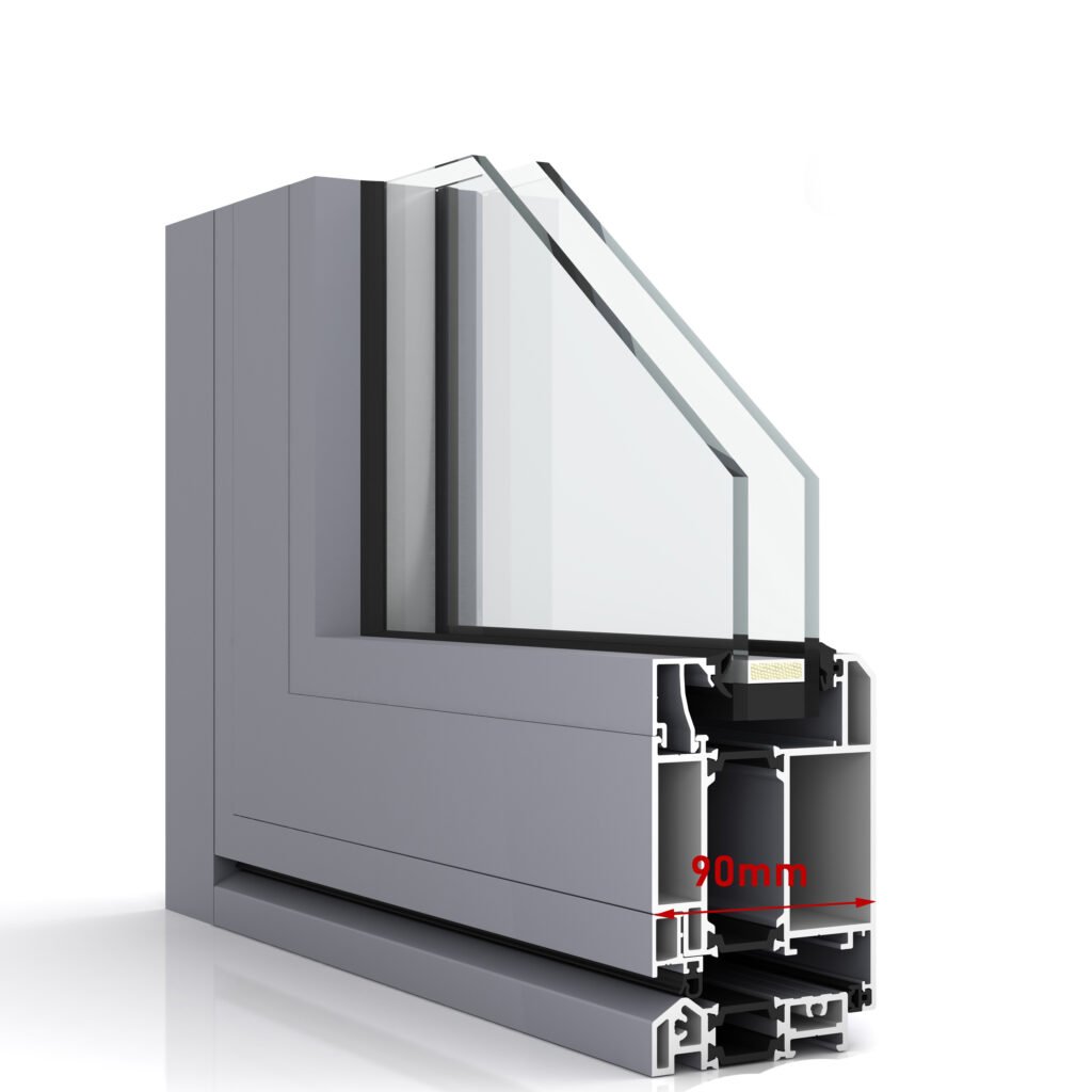 Thermal break aluminum door and window profile cross-section. Highlights multi-chamber design, insulation bar (Nylon PA66) placement, and sealant groove, effectively solving core issues of thermal insulation, soundproofing, waterproofing, and wind resistance